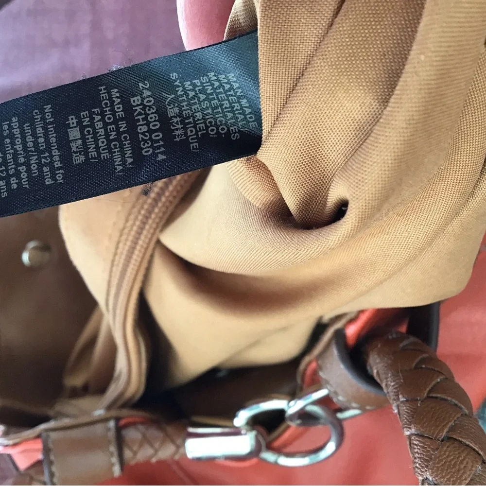 Coral orange brown Handbag purse braided handles 14” x 18” including handles EUC - Picture 14 of 15